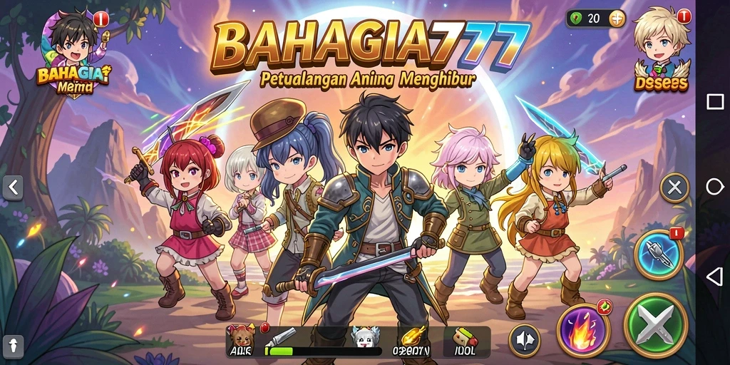 Tampilan gameplay BAHAGIA777 dengan aksi karakter Anime yang dinamis.