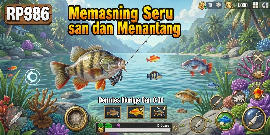 Tampilan gameplay RP886 dengan ikan-ikan beragam dan lokasi memancing yang indah.