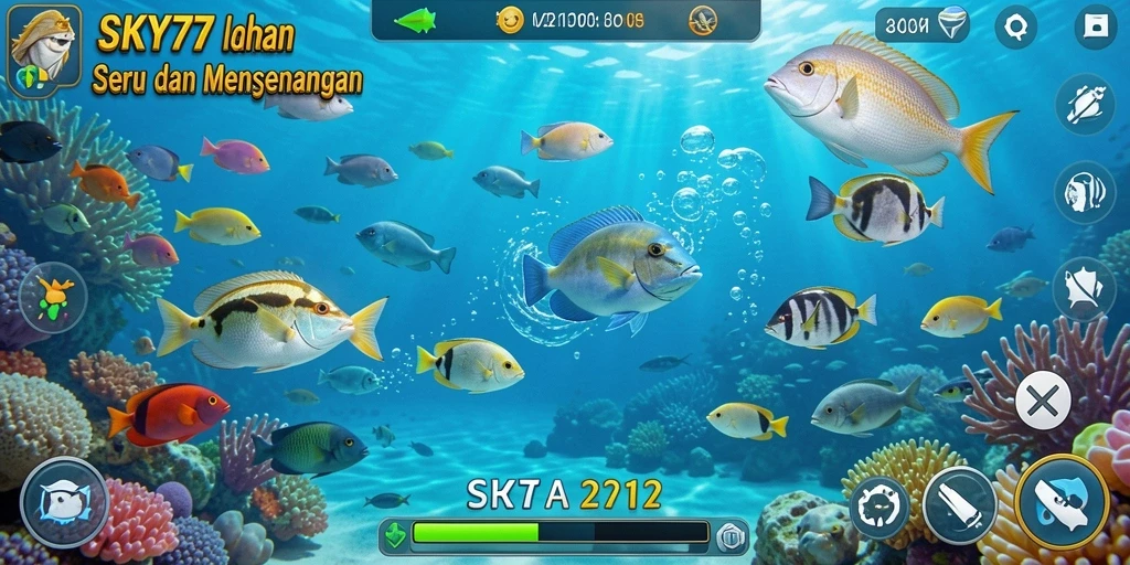 Tampilan gameplay <strong>SKY77</strong> dengan ikan beragam dan senjata canggih.
