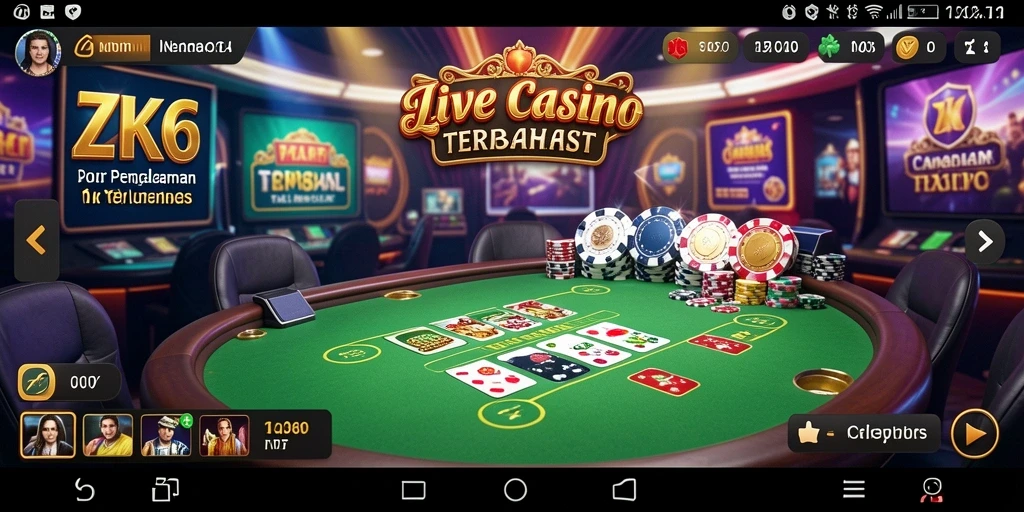 Gameplay ZK6 menampilkan dealer langsung dalam suasana kasino yang hidup.